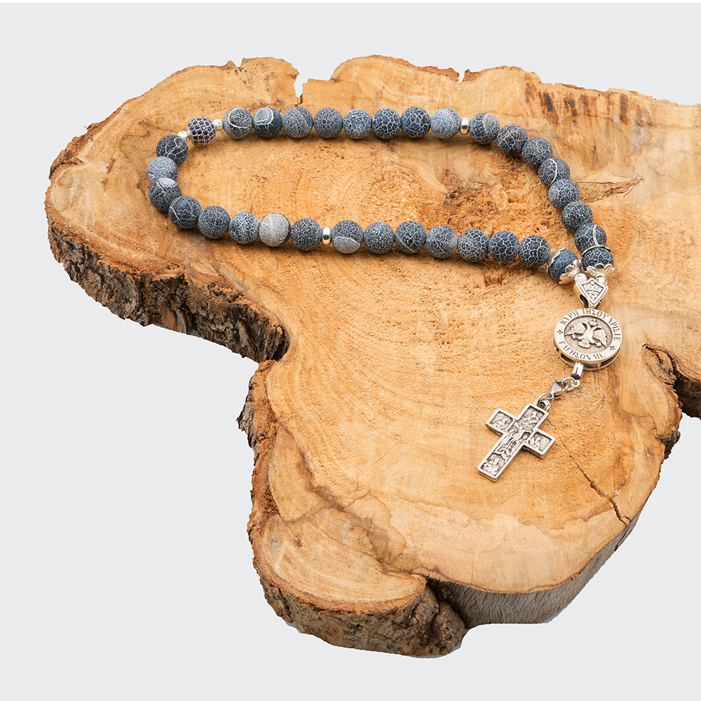 Rosario decorativo cristiano in agata (nera), argento sterling 925 placcato, 33 perline