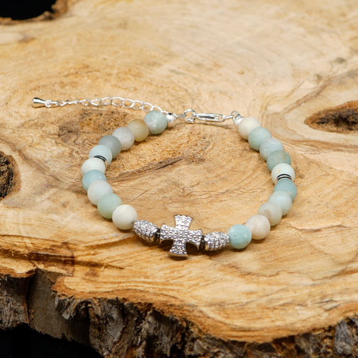 Christliches Damenarmband aus Amazonit-Blume, Platin & Sterlingsilber