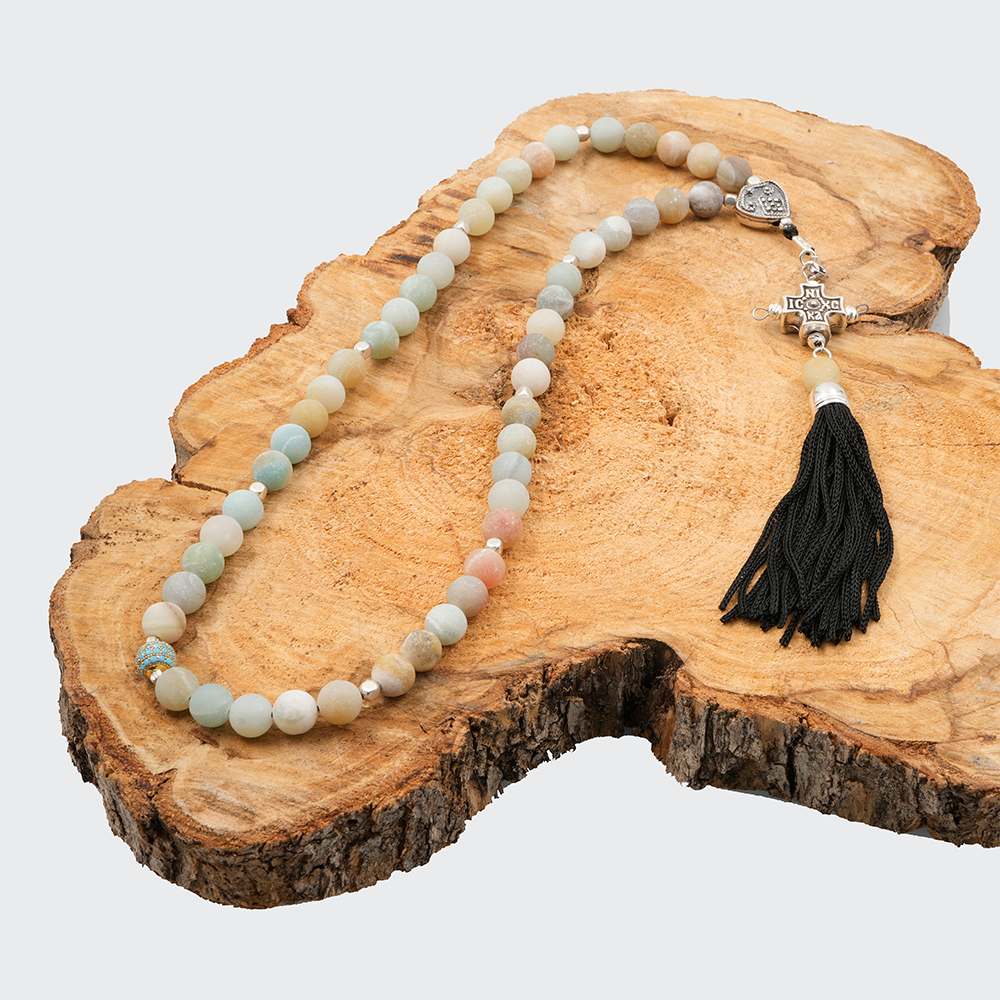Orthodoxe Gebetsschnur aus Amazonit-Blume – Kreuz IC XC NI KA