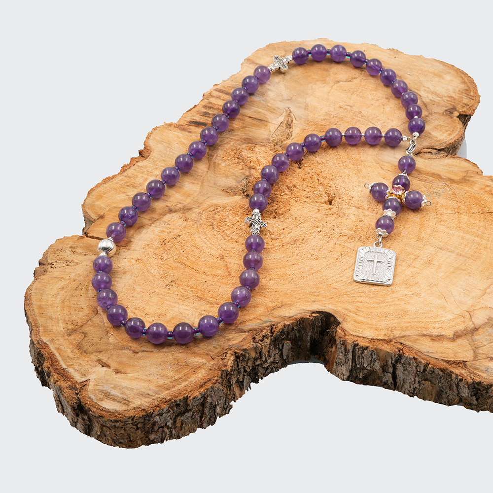 Orthodox Prayer Rope Amethyst – Mount Athos Cross, Platinum Pendant