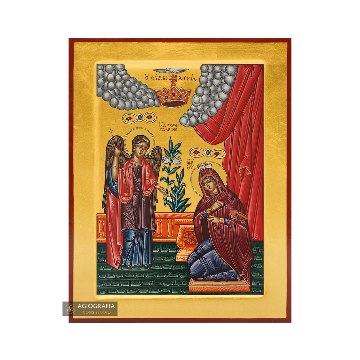 24k Annunciation of Theotokos Handwritten Icon with Gold Leaves Background