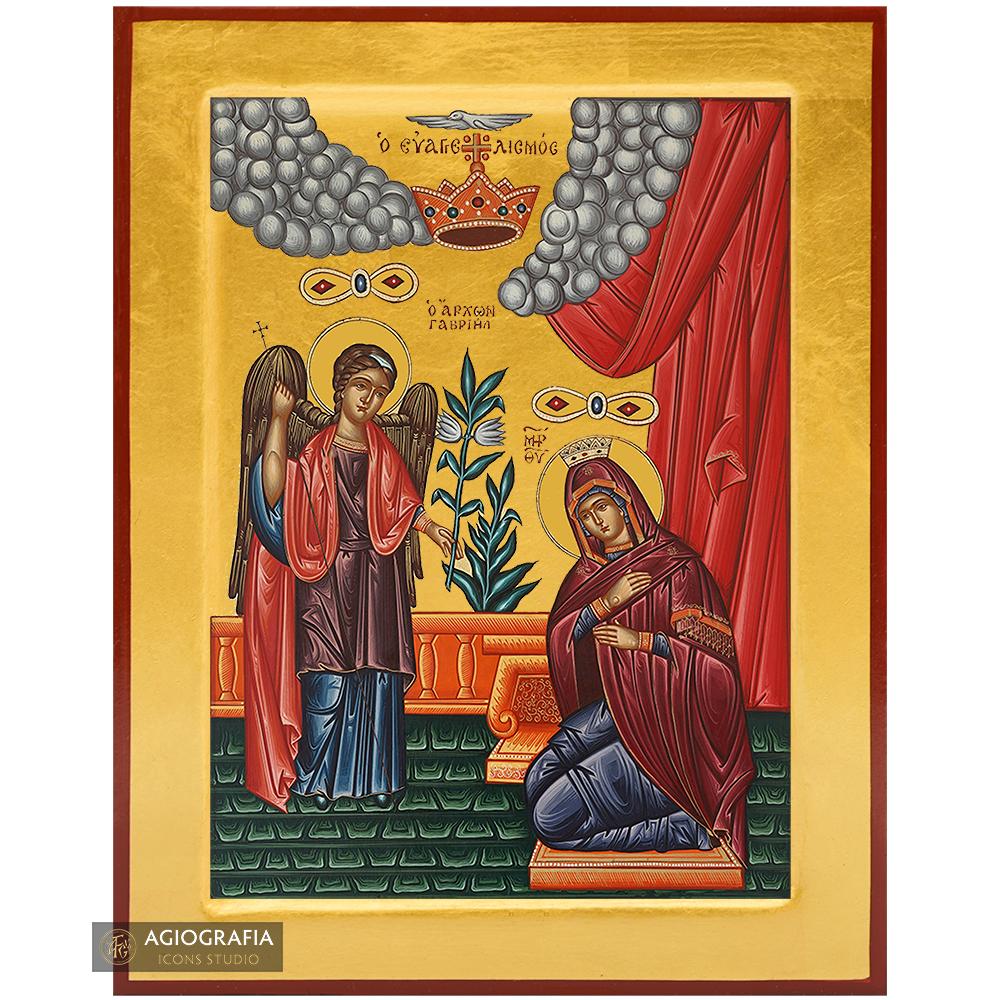 24k Annunciation of Theotokos Handwritten Icon with Gold Leaves Background