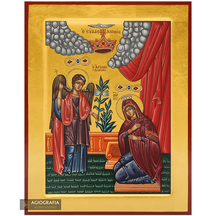 24k Annunciation of Theotokos Handwritten Icon with Gold Leaves Background