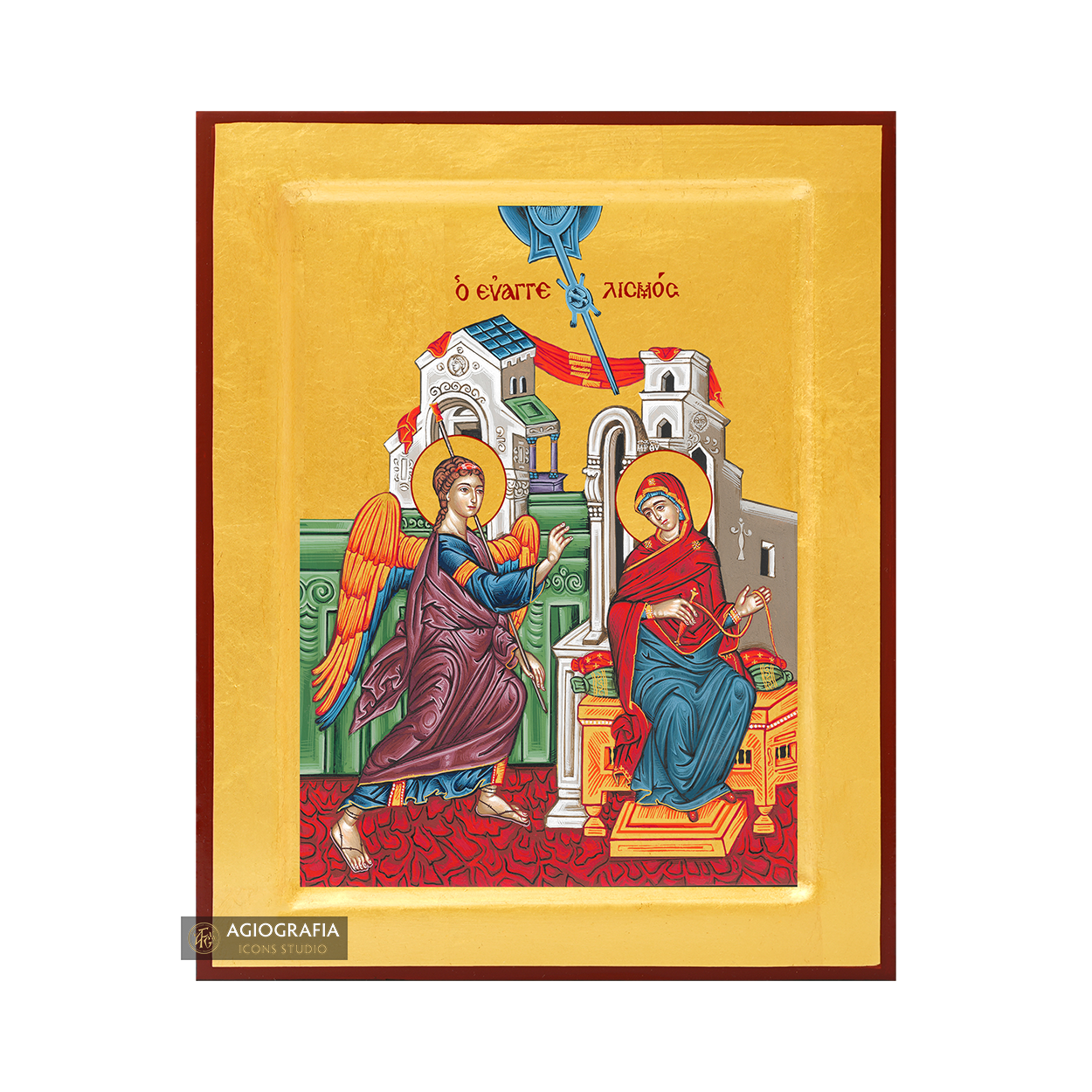 24k Annunciation of Theotokos Handwritten Icon with Gold Leaves