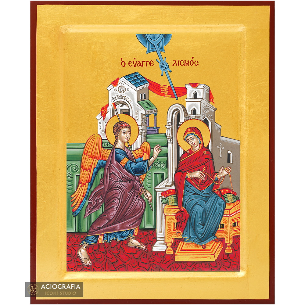 24k Annunciation of Theotokos Handwritten Icon with Gold Leaves