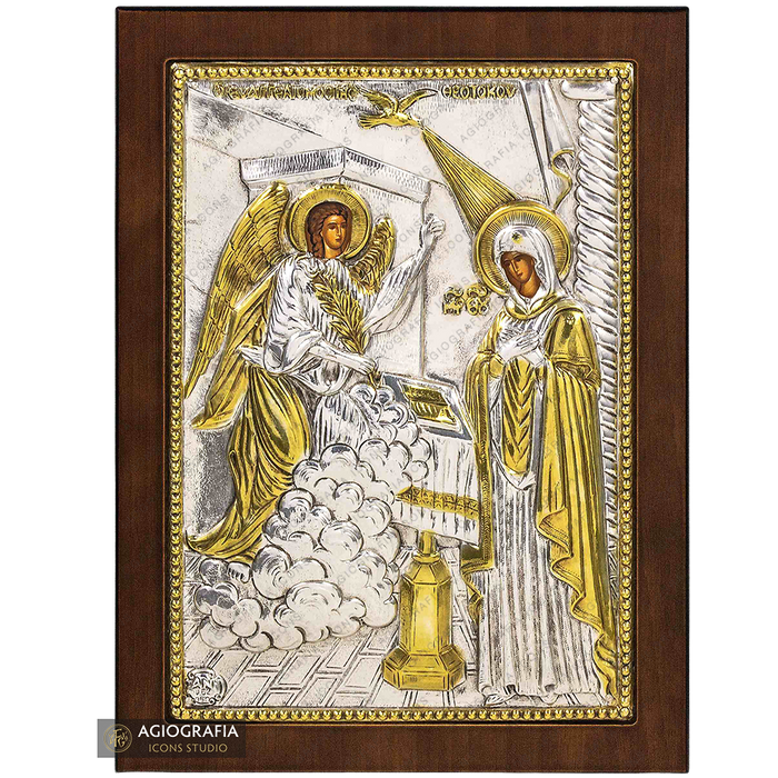 Annunciazione della Theotokos icona cristiana ortodossa placcata argento