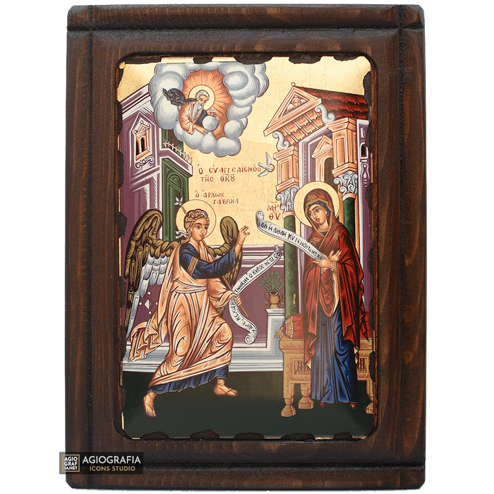Annunciation of the Theotokos Christian Icon on Wood with Gold Leaf