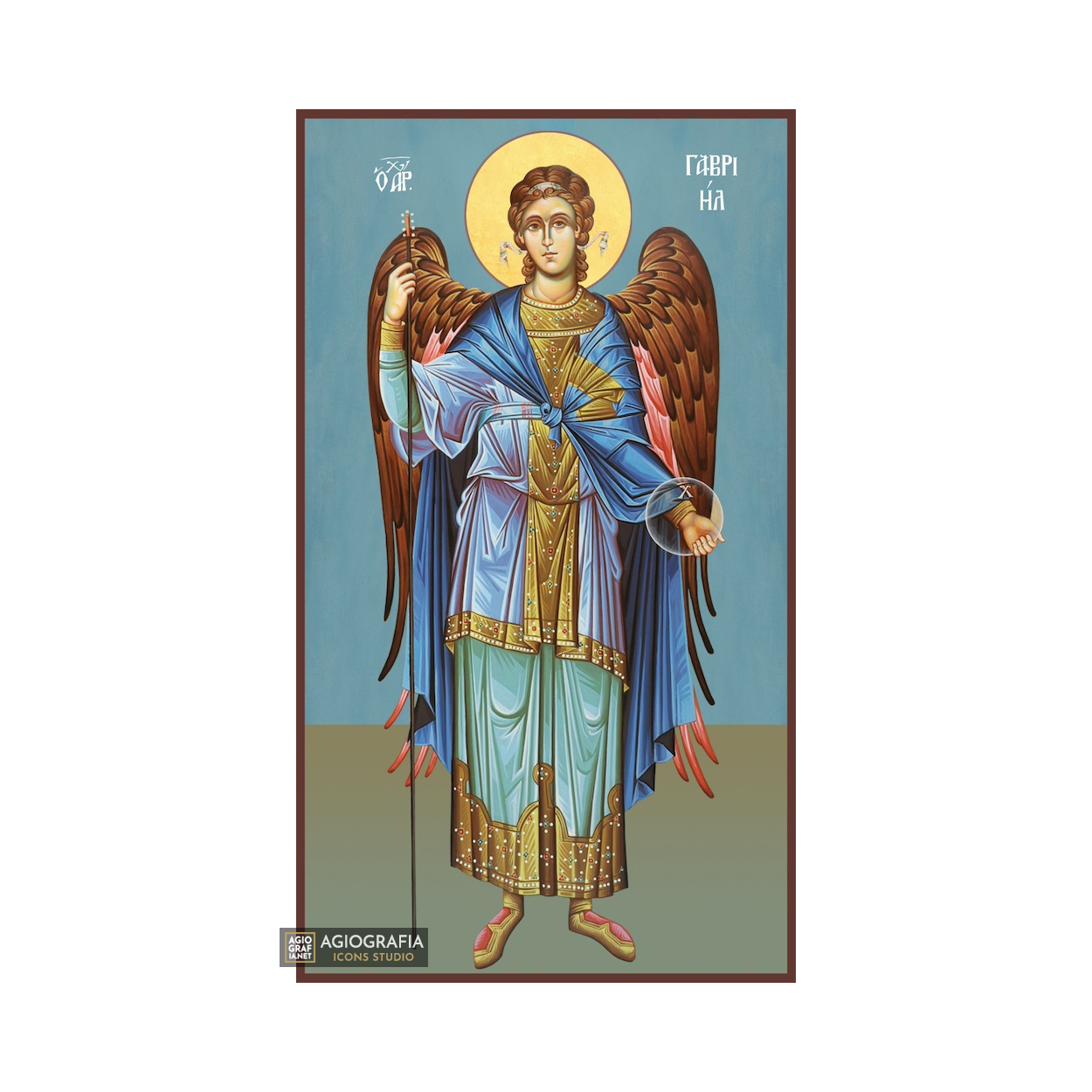 Archangel Gabriel Byzantine Icon with Blue Background