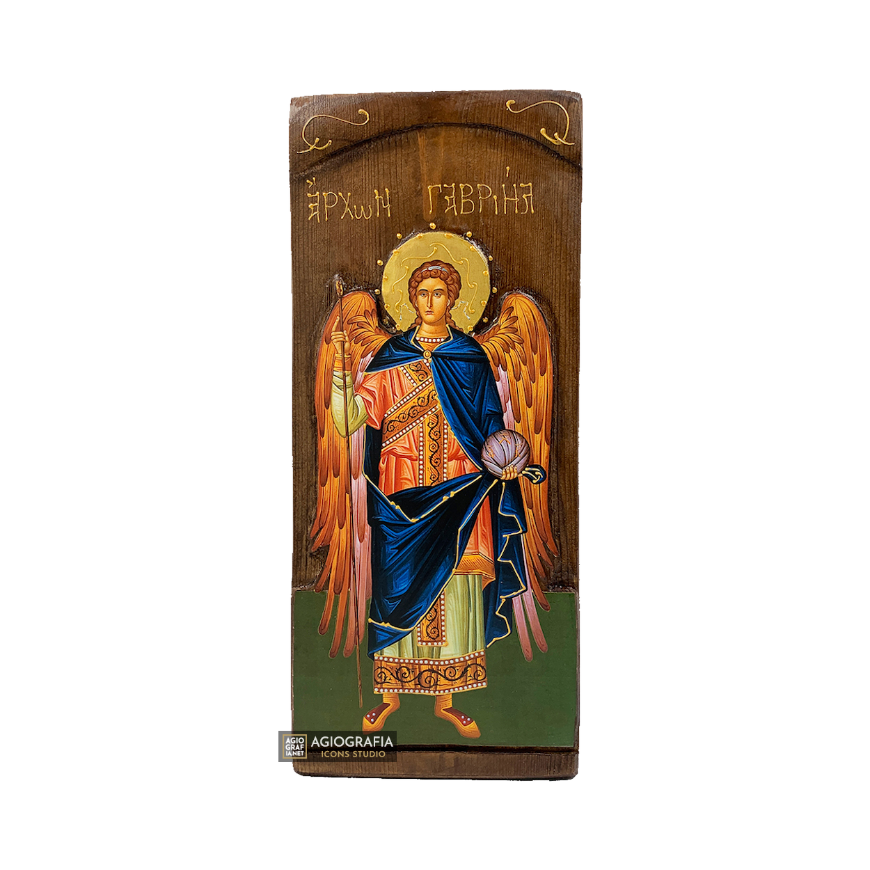 Archangel Gabriel Christian Orthodox Gold Print Icon on Carved Wood