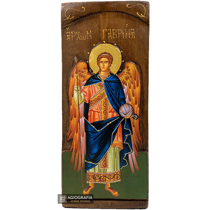 Erzengel Gabriel christlich-orthodoxe Golddruck-Ikone auf geschnitztem Holz