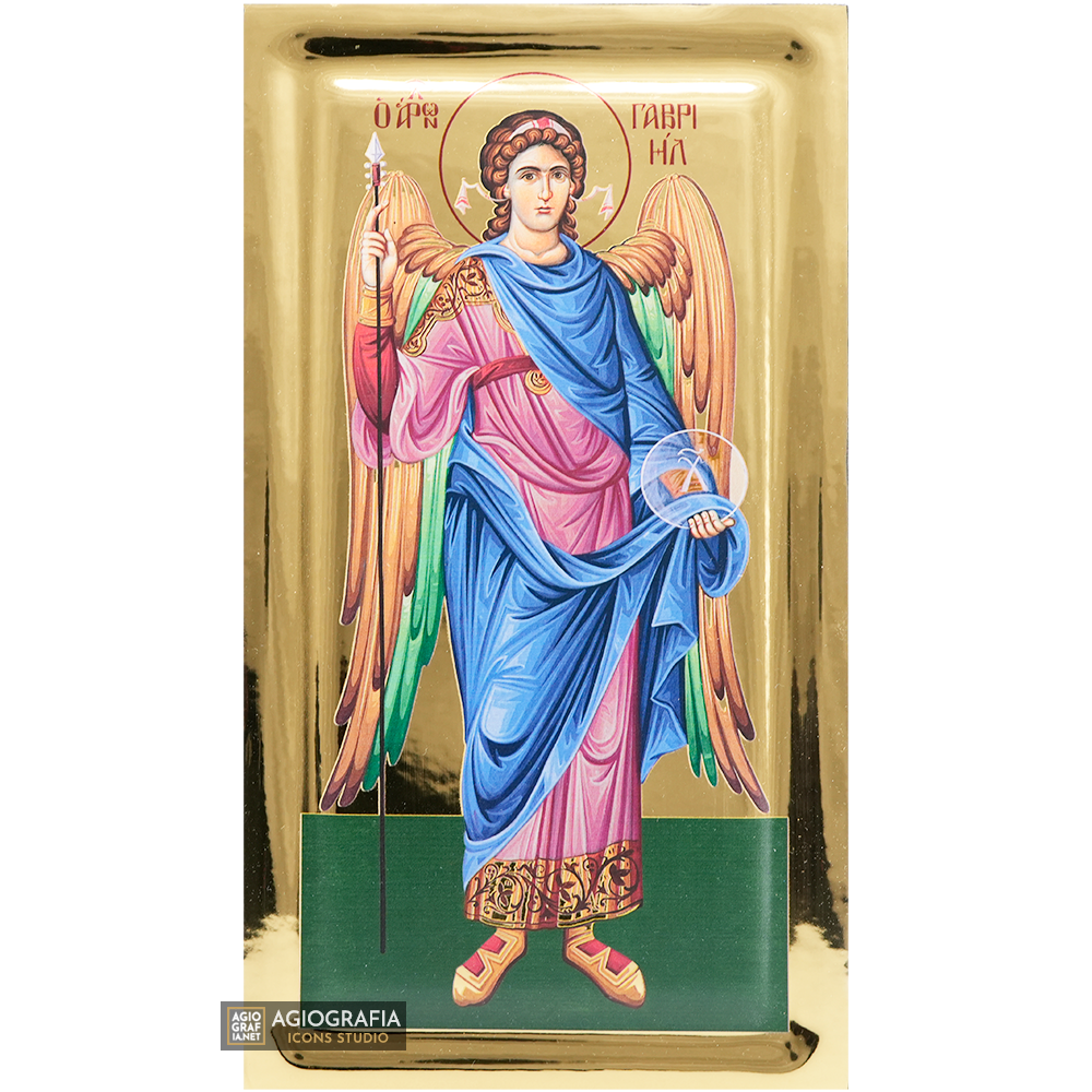 Arcangelo Gabriele icona cristiana con sfondo a effetto doratura
