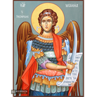 Archangel Michael Greek Orthodox Wood Icon with Blue Background