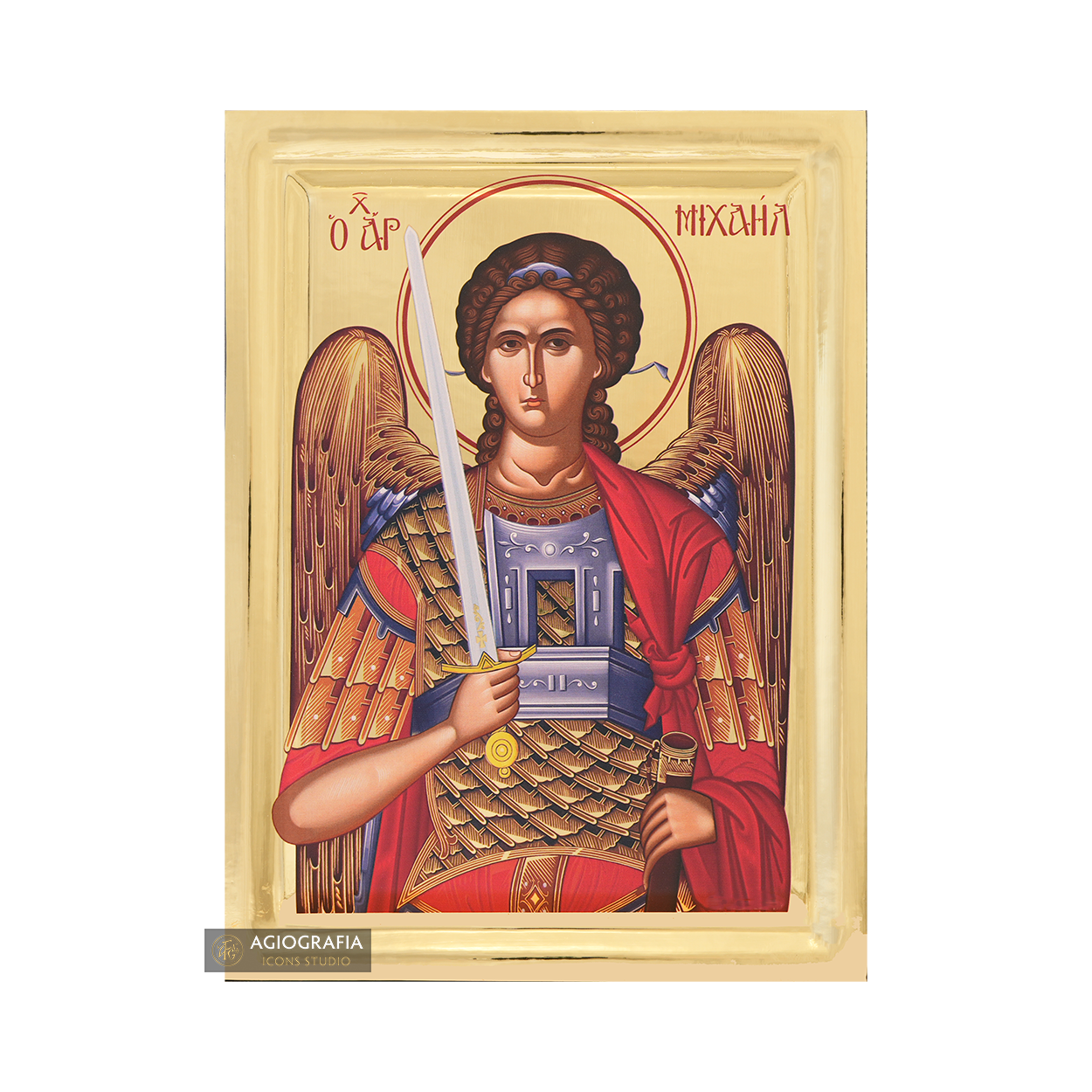 Archangel Michael Greek Icon on Wood with Gilding Effect