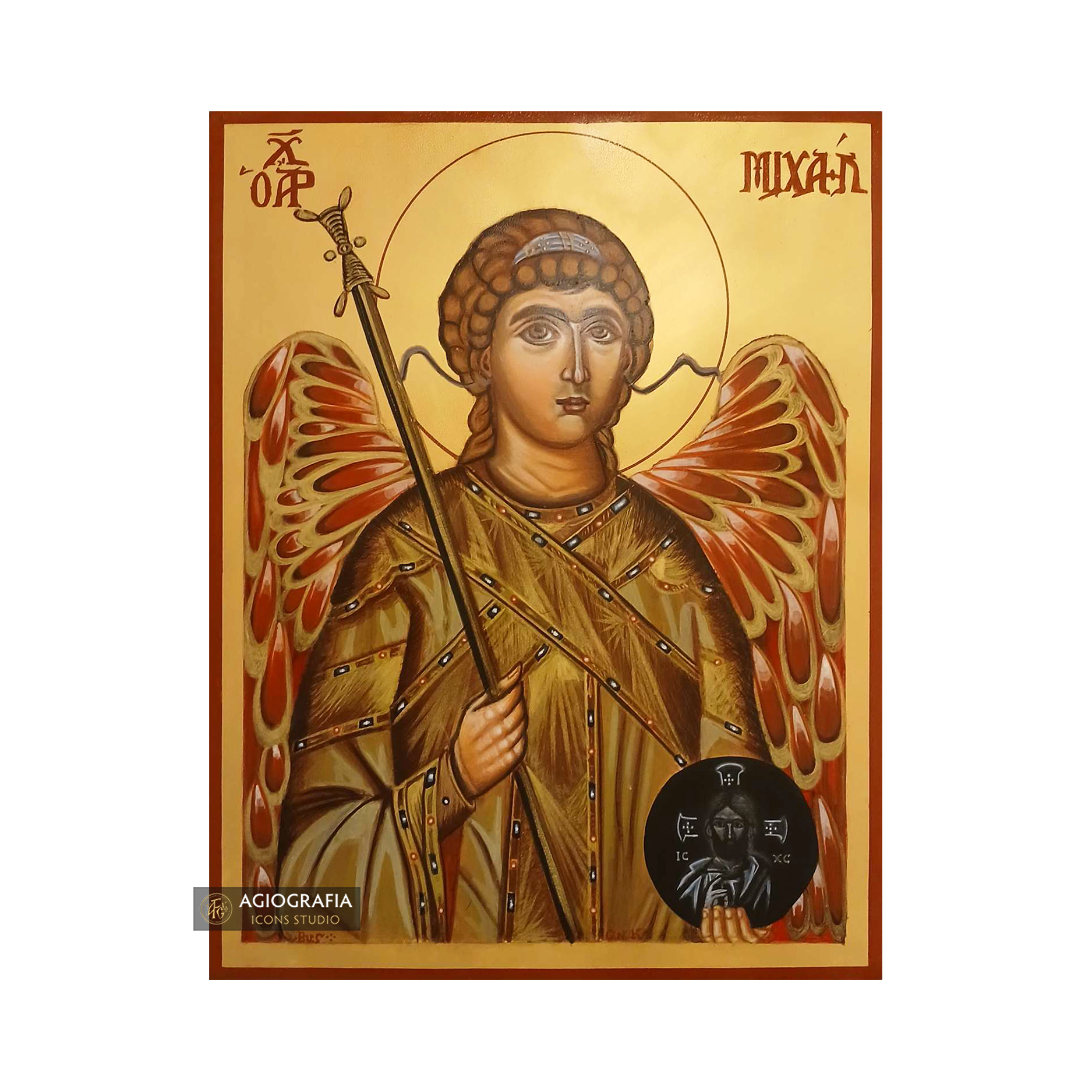 22k Archangel Michael Handwritten Icon with Gold Leaves Background