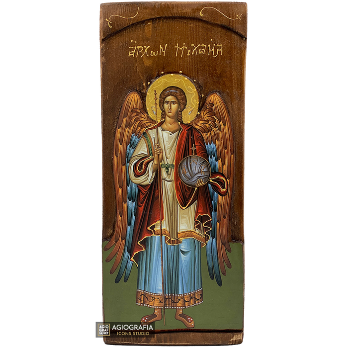 Erzengel Michael christlich-orthodoxe Golddruck-Ikone auf geschnitztem Holz