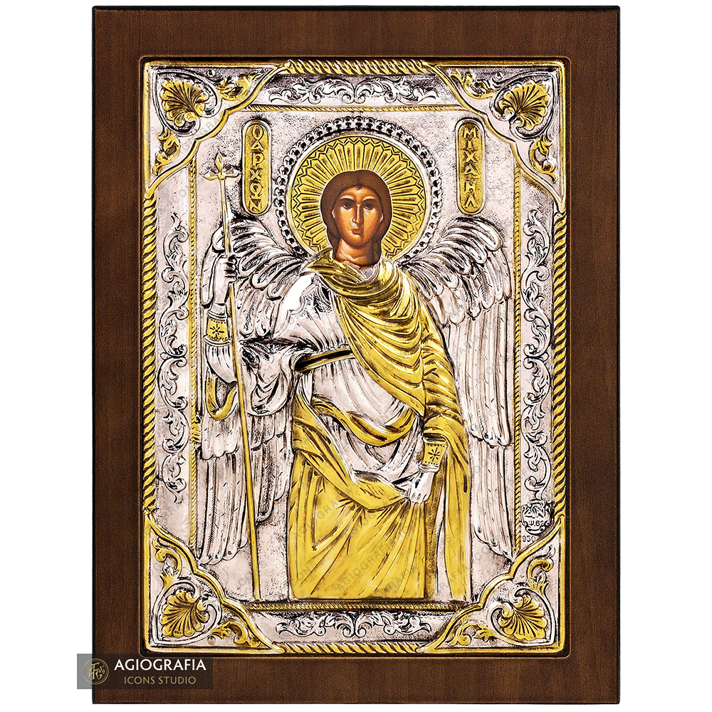 Arcangelo Michele icona ortodossa placcata argento su legno