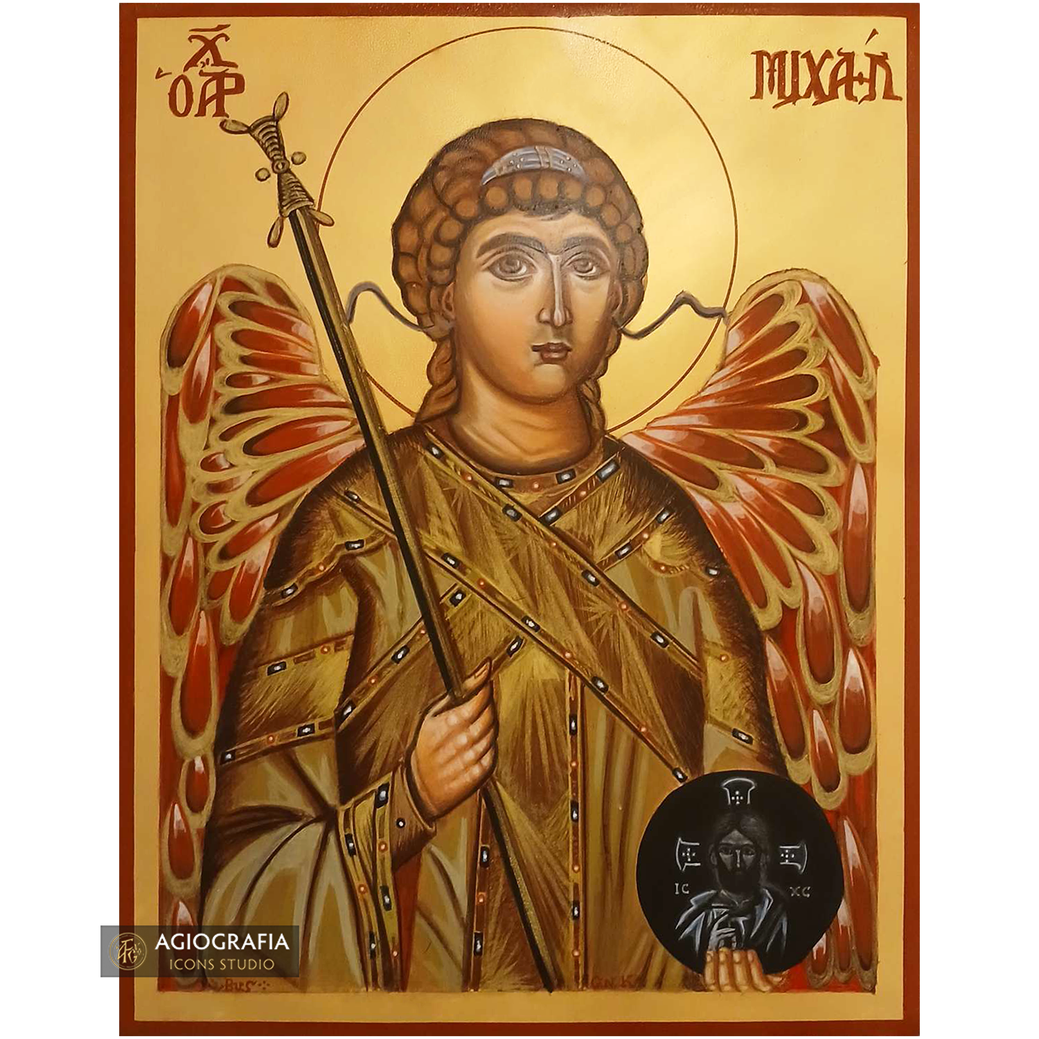 22k Archangel Michael Handwritten Icon with Gold Leaves Background