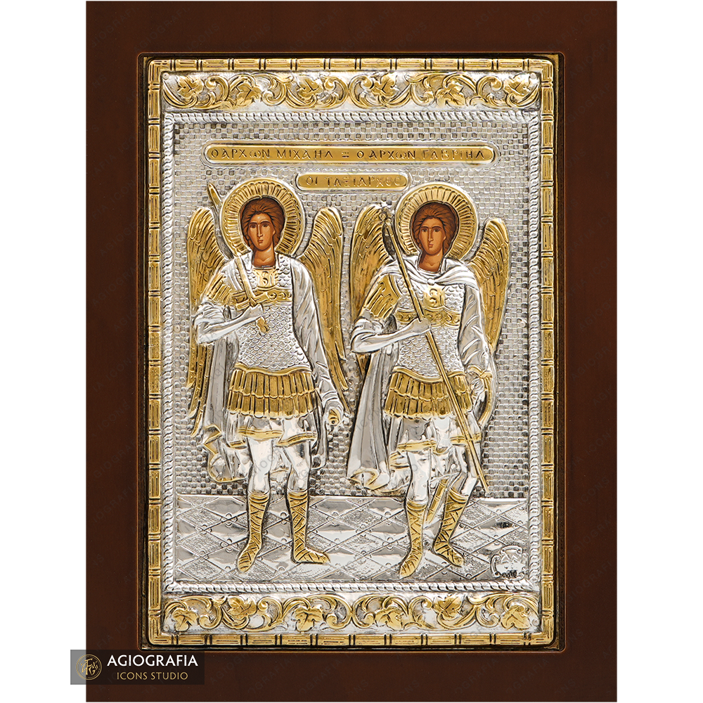 Archangels Michael and Gabriel Orthodox Silver Plated Icon on Wood