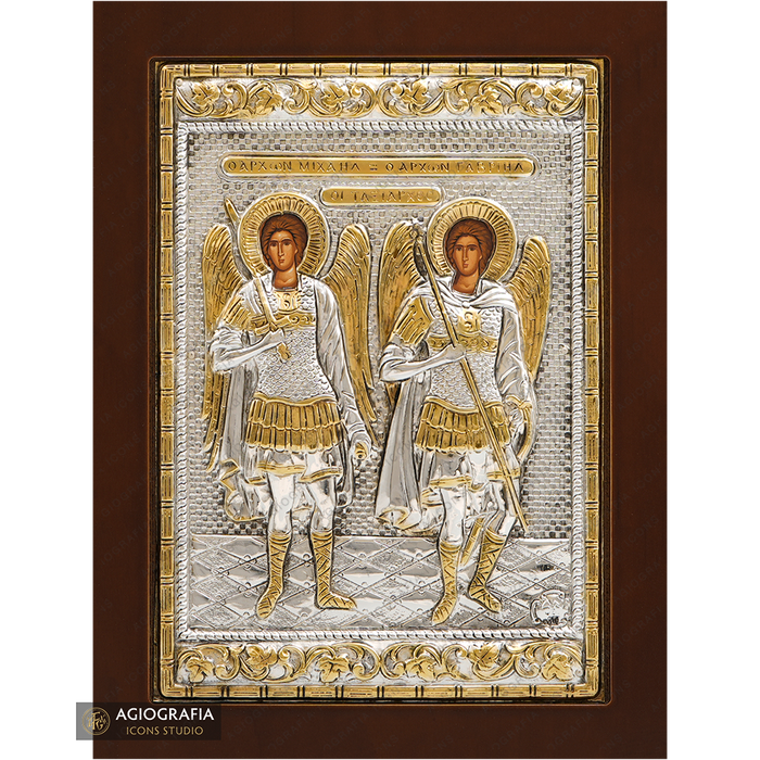 Arcangeli Michele e Gabriele icona ortodossa placcata argento su legno