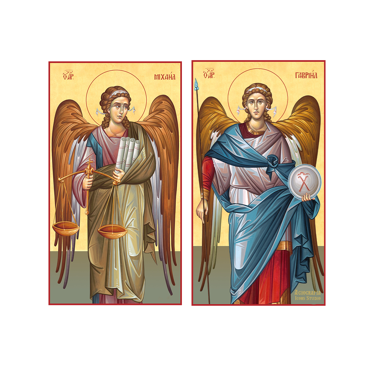 Set of 2 Cathedral Icons - Archangels Michael & Gabriel Christian Orthodox Wood Icon with 22 karats Gold Leaf
