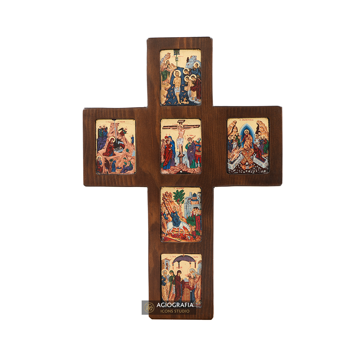 Orthodox Cross with 6 Themes Christian Icon with Gold Leaf