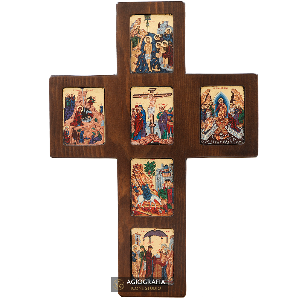 Orthodox Cross with 6 Themes Christian Icon with Gold Leaf