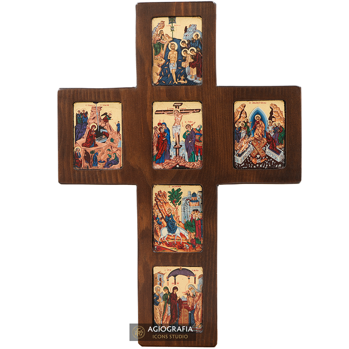 Croce ortodossa con 6 temi icona cristiana a foglia d'oro