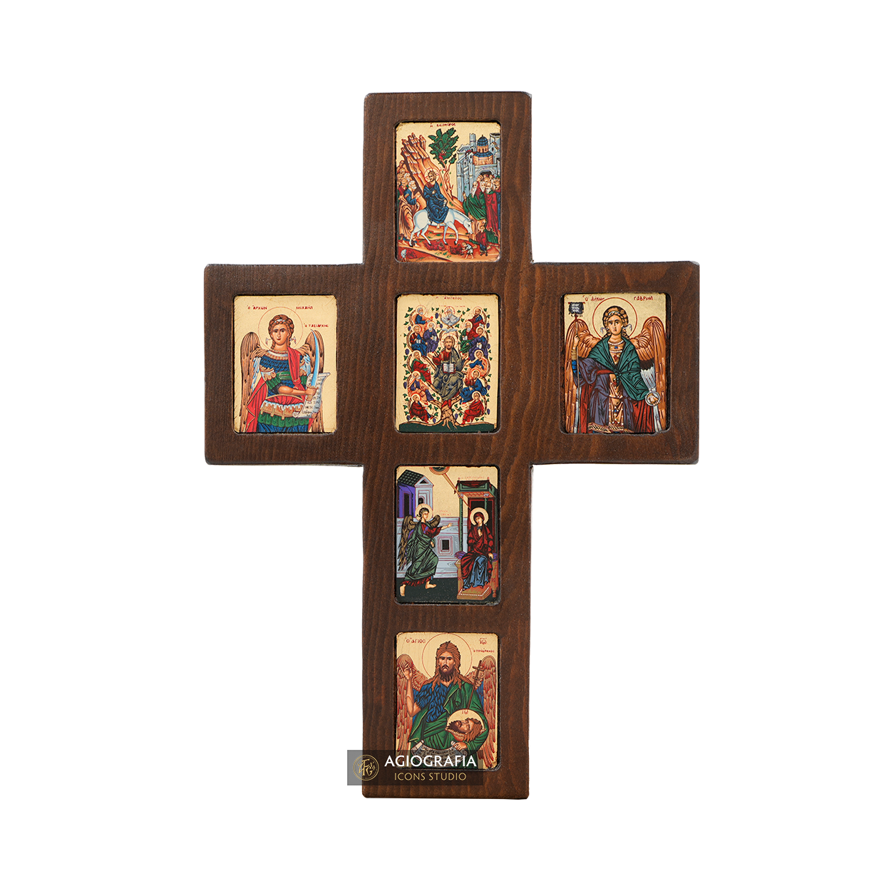 Orthodox Cross with 6 Themes Christian Icon with Gold Leaf