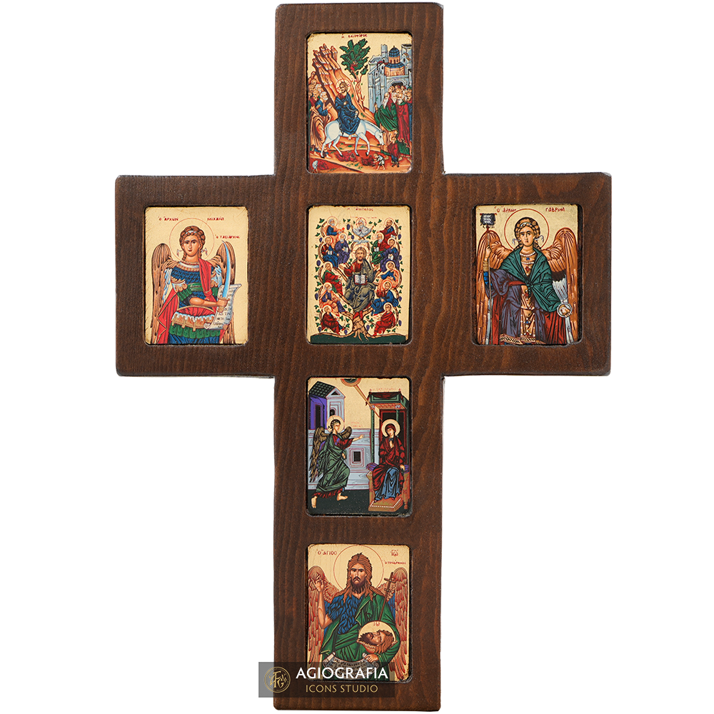 Orthodox Cross with 6 Themes Christian Icon with Gold Leaf