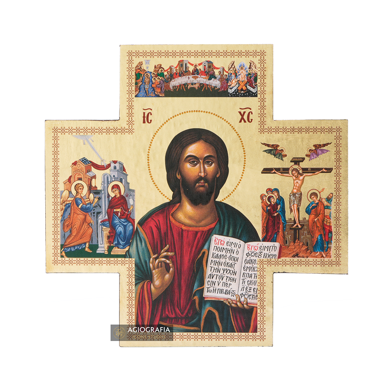 Cross with Jesus Christ and 3 Great Feasts with Gold Leaves Background