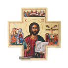 Cross with Jesus Christ and 3 Great Feasts with Gold Leaves Background