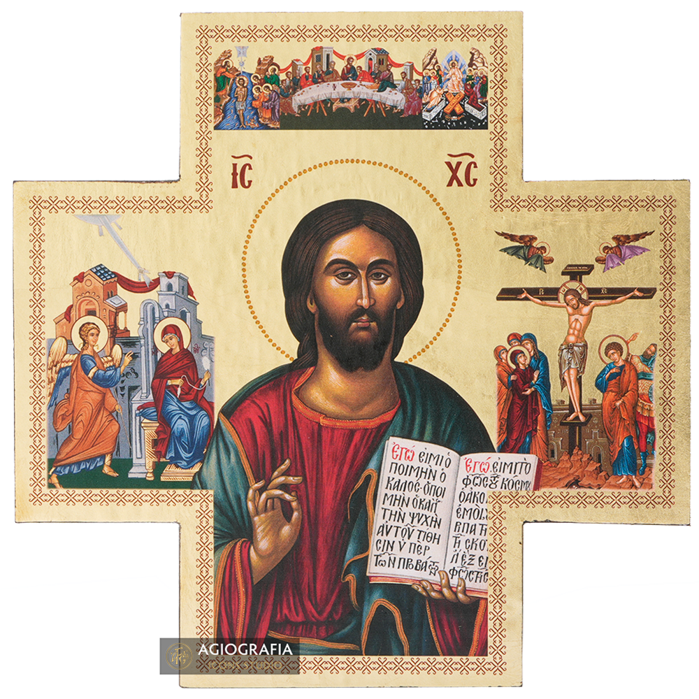 Cross with Jesus Christ and 3 Great Feasts with Gold Leaves Background