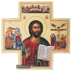 Cross with Jesus Christ and 3 Great Feasts with Gold Leaves Background