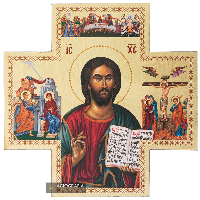 Cross with Jesus Christ and 3 Great Feasts with Gold Leaves Background