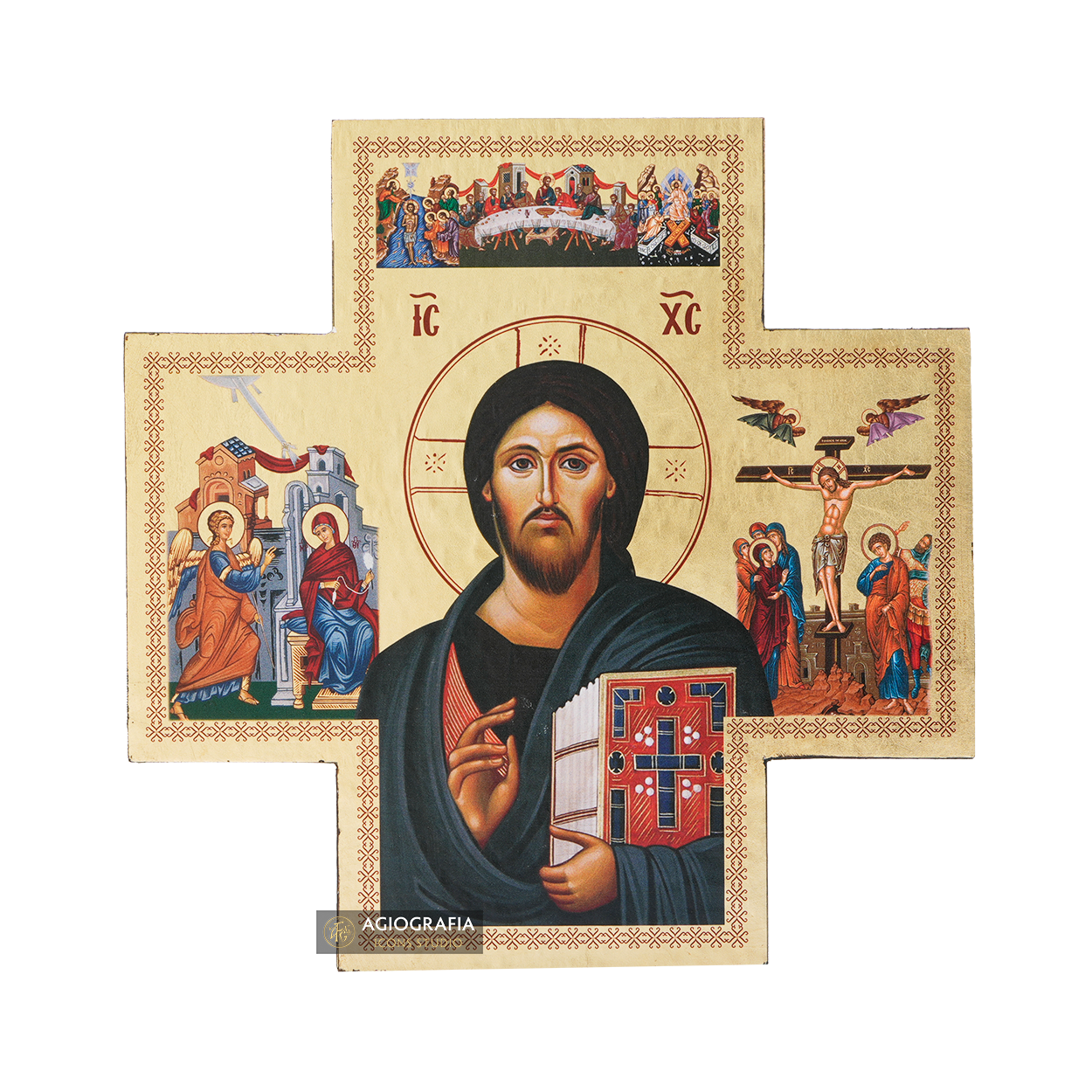 Cross with Jesus Christ of Sinai and 3 Great Feasts Gold Leaves Background