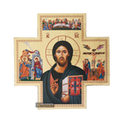 Cross with Jesus Christ of Sinai and 3 Great Feasts Gold Leaves Background