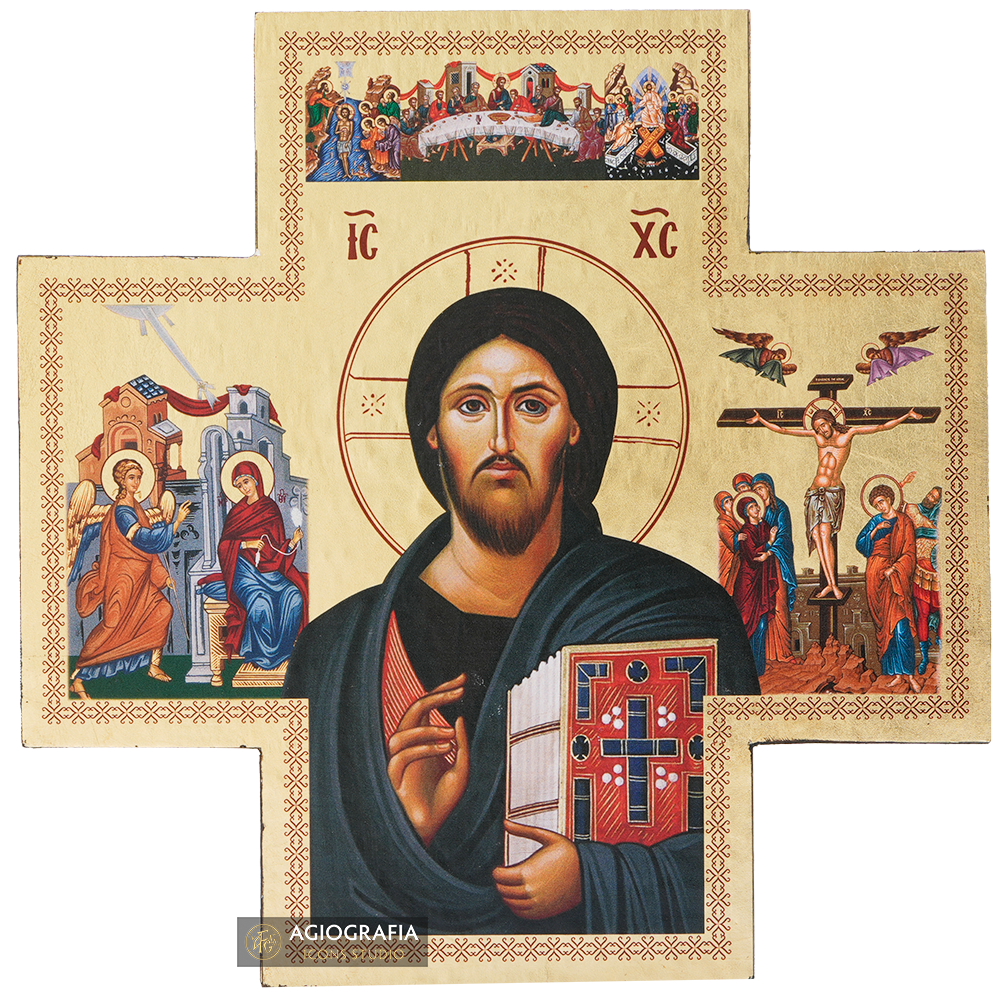 Cross with Jesus Christ of Sinai and 3 Great Feasts Gold Leaves Background