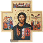 Cross with Jesus Christ of Sinai and 3 Great Feasts Gold Leaves Background