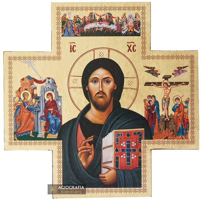 Cross with Jesus Christ of Sinai and 3 Great Feasts Gold Leaves Background