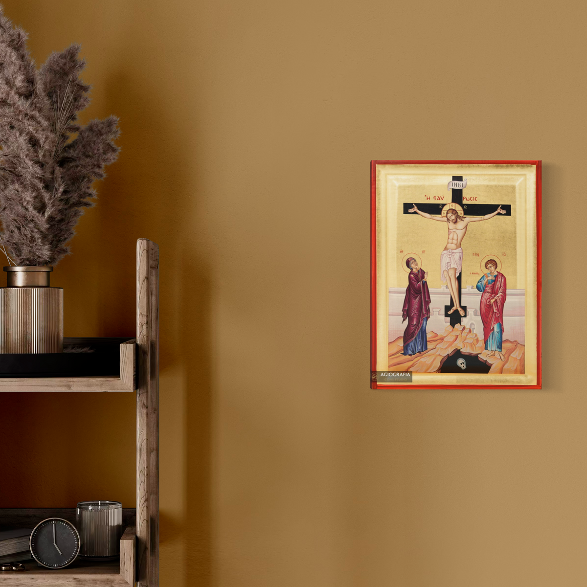 Crucifixion of The Lord Byzantine Orthodox Wood Icon with Gold Leaf