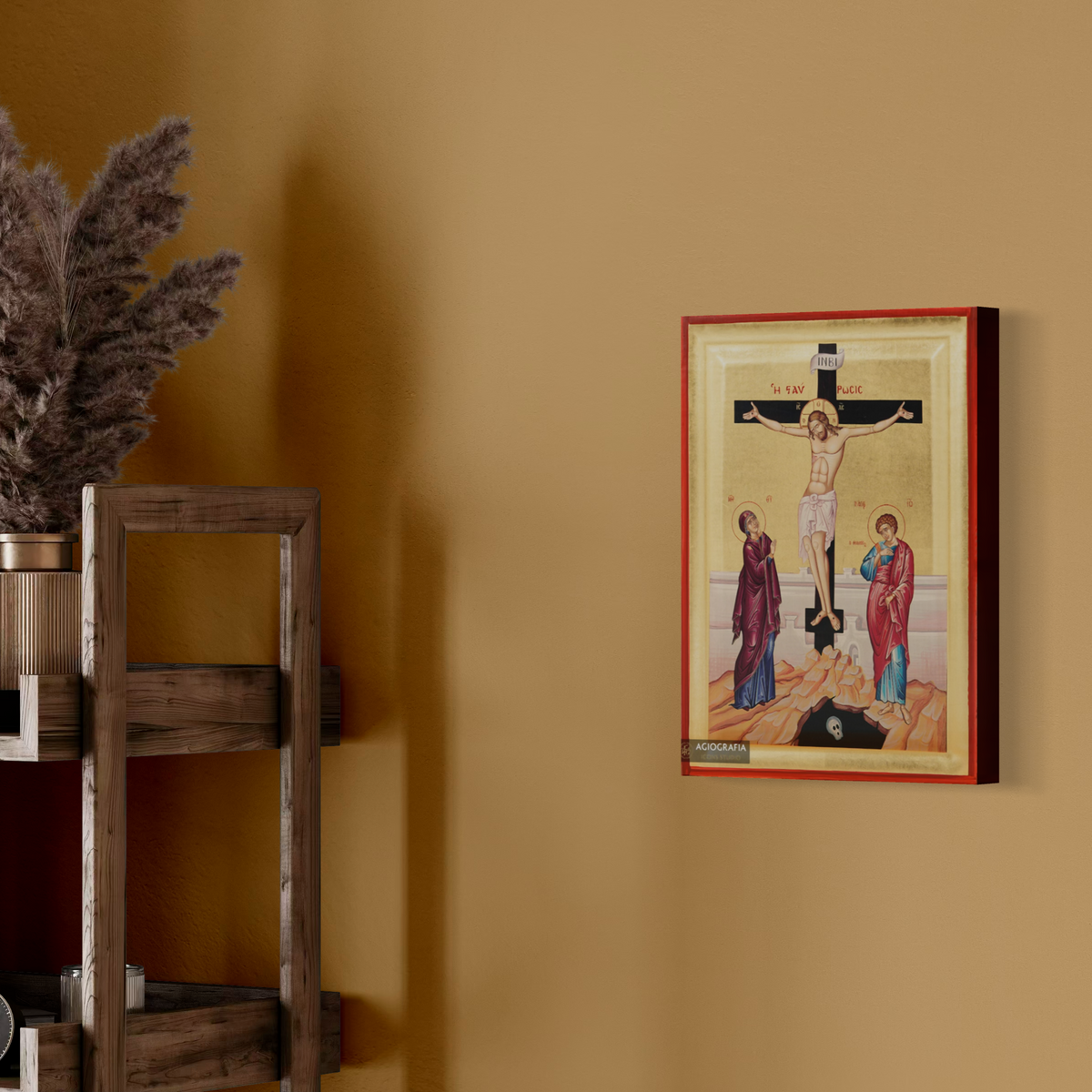 Crucifixion of The Lord Byzantine Orthodox Wood Icon with Gold Leaf