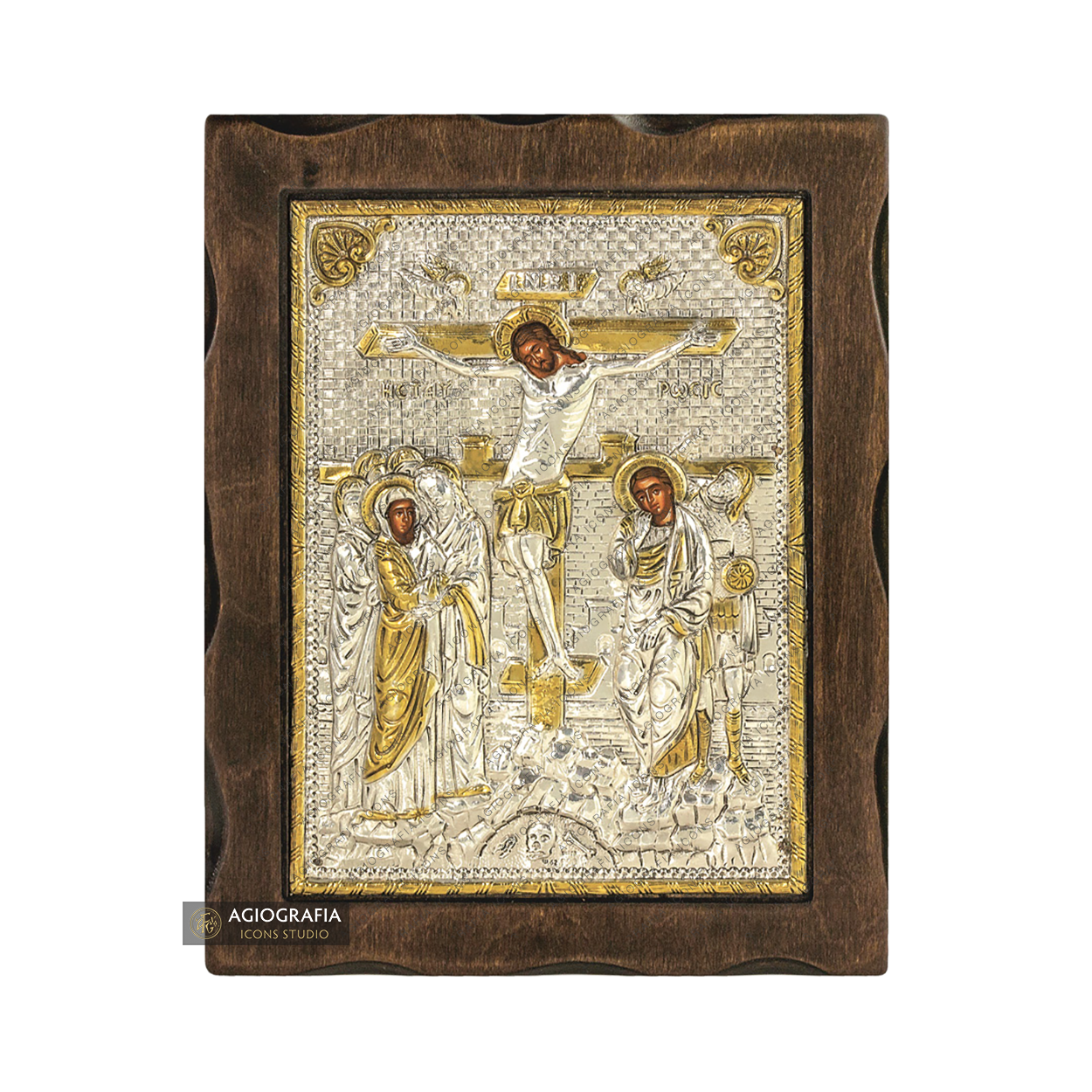 Crucifixion of The Lord Pure Silver and 24k Gold Plated Orthodox Icon