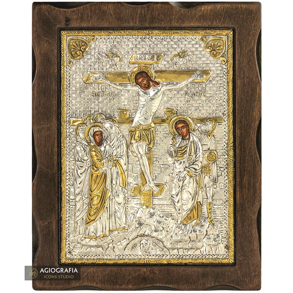 Kreuzigung des Herrn orthodoxe Ikone aus reinem Silber mit 24k Vergoldung