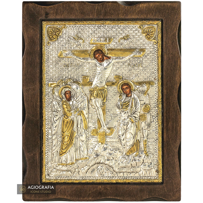 Kreuzigung des Herrn orthodoxe Ikone aus reinem Silber mit 24k Vergoldung