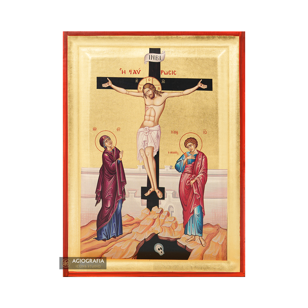 Crucifixion of The Lord Byzantine Orthodox Wood Icon with Gold Leaf