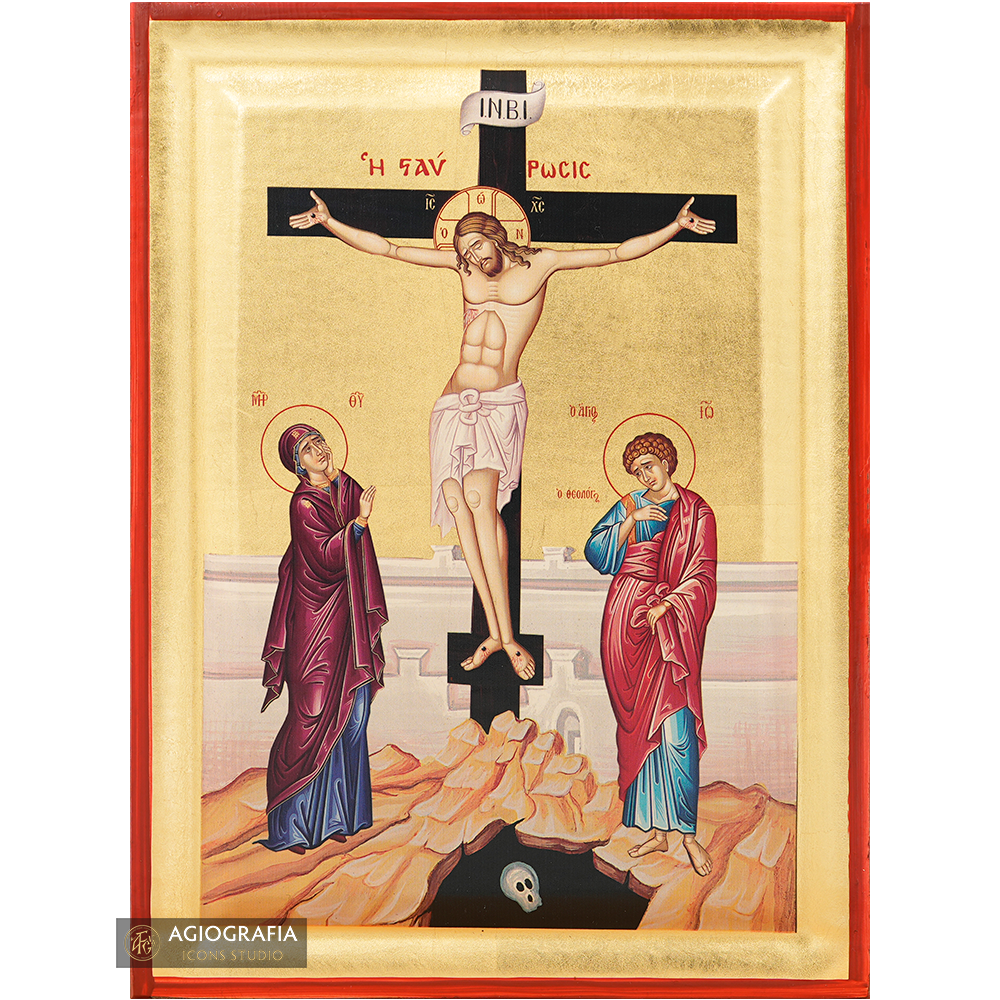 Crucifixion of The Lord Byzantine Orthodox Wood Icon with Gold Leaf