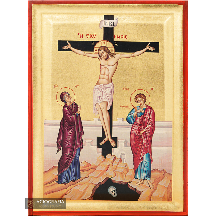 Crocifissione del Signore icona bizantina ortodossa su legno a foglia d'oro