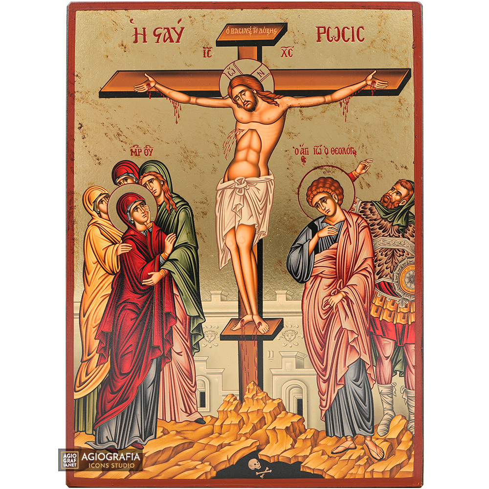 Crucifixion of The Lord Gold Print Orthodox Icon with Aged Gold Foil