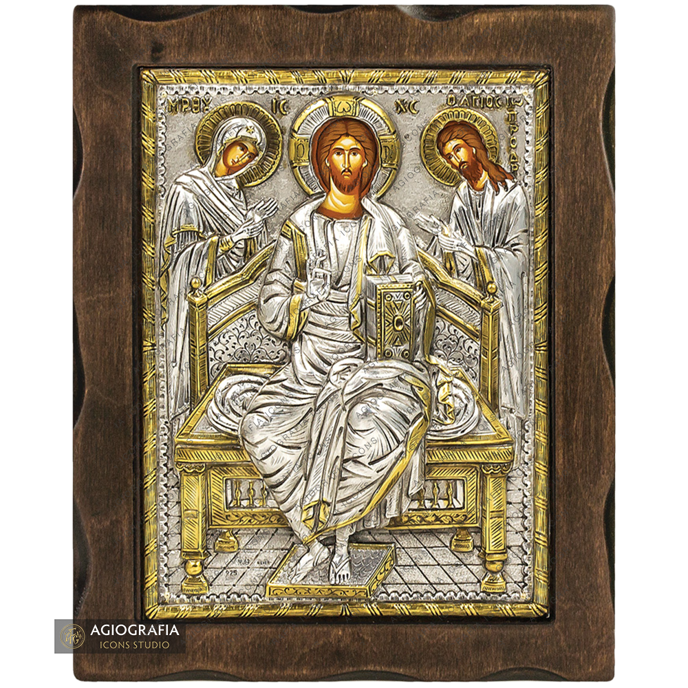 Deesis: Jesus Christus, Gottesmutter, Heiliger Johannes Ikone aus reinem Silber mit 24k Vergoldung
