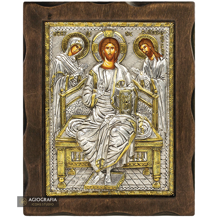 Deesis: Jesus Christus, Gottesmutter, Heiliger Johannes Ikone aus reinem Silber mit 24k Vergoldung